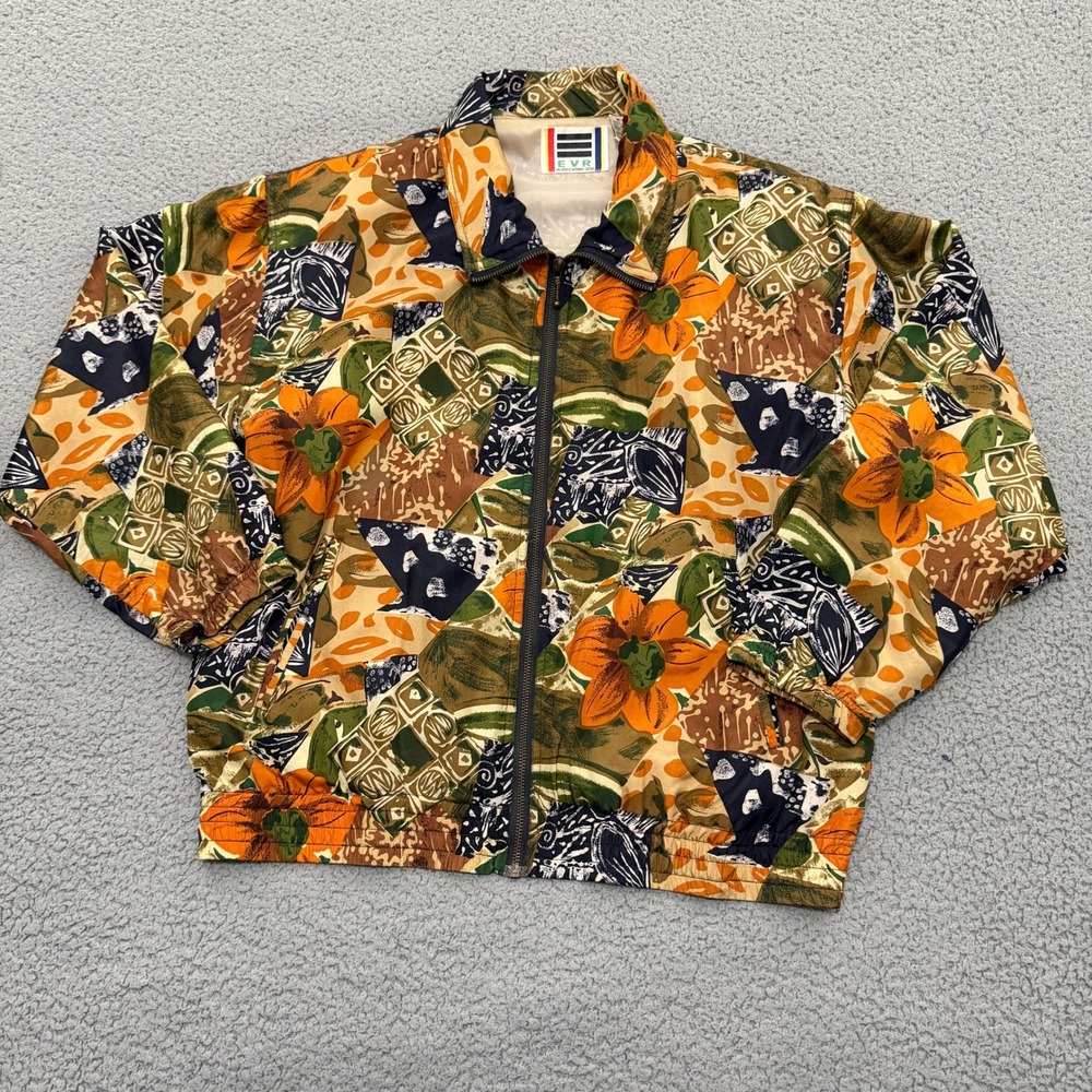 Vintage EVR Bomber Jacket M 100% Silk Floral Geometric Orange Green Jungle